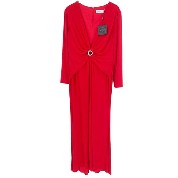 MAC DUGGAL Dress Size 14 Evening Gown Red NEW Gathered Pearl Deep V Keyhole - Picture 5 of 8